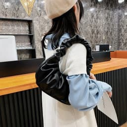 image-Korean Version Women's PU Cloud Pleated Bag - Gold Solid Color
