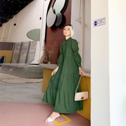 image-Cotton Blend Maxi Dress - Dark Green Puff Sleeves