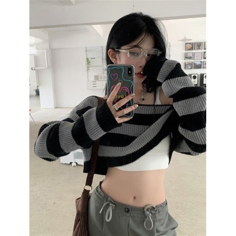 image-Women's Off-Shoulder Striped Sweater - Loose Fit Long Sleeve
