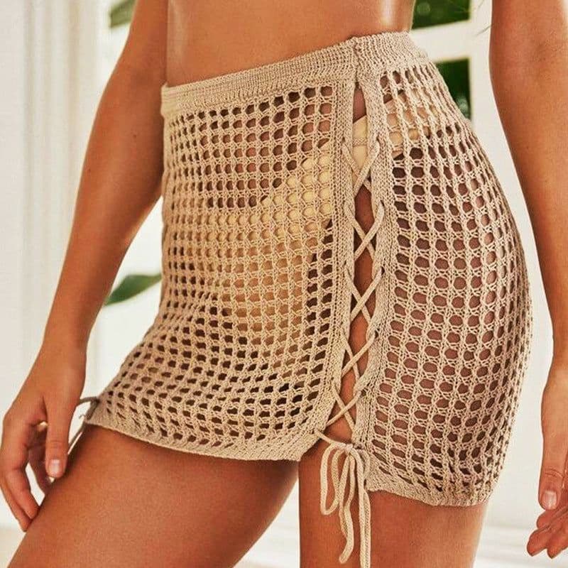 image-Knitted Beach Skirt Women - Hollow Drawstring