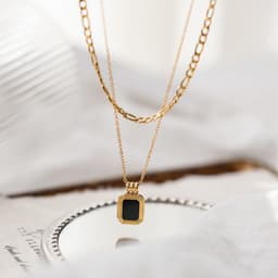 image-Double-layer stacked black square brand necklace women's autumn and winter advanced design collarbone chain niche light luxury titanium steel sweater chain