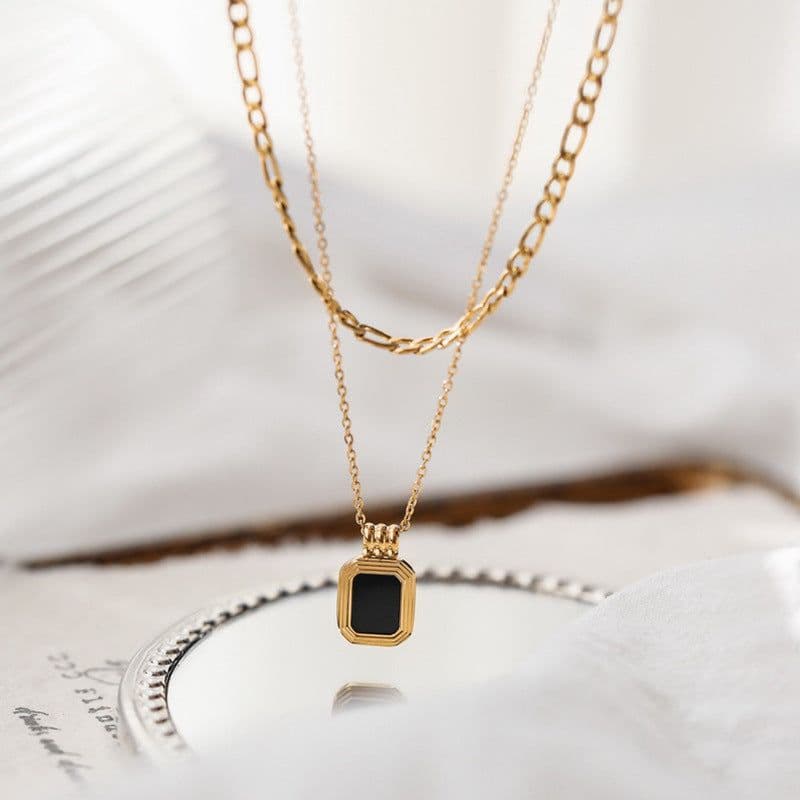 image-Double-layer stacked black square brand necklace women's autumn and winter advanced design collarbone chain niche light luxury titanium steel sweater chain