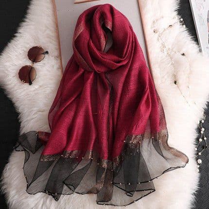 image-Silk Scarf Women 70x190cm Beaded Gold Edge Summer Beach