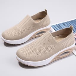 image-Mesh Women's Sports Shoes - Beige Flat Heel