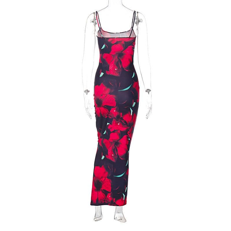 image-Women's U-Neck Printed Dress - Slim Fit Suspender