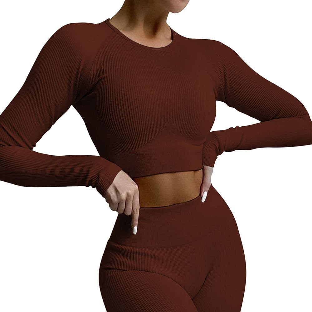 image-2021 Yoga Suit - Brown Four-Piece Set, Short Sleeve, Leggings, Size S