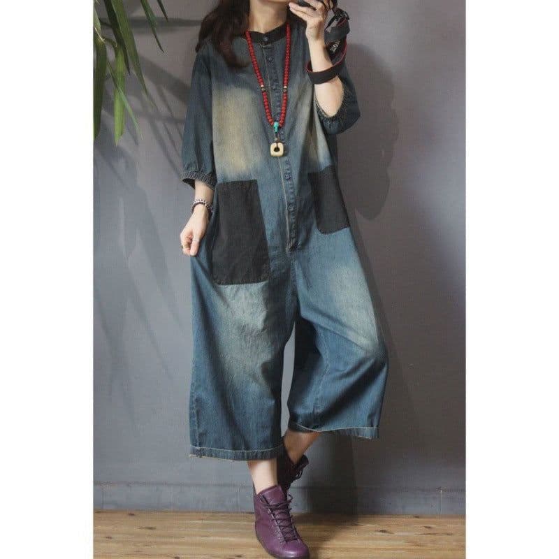 image-Denim Jumpsuit Women's Wide-Leg Cropped - Blue Patch