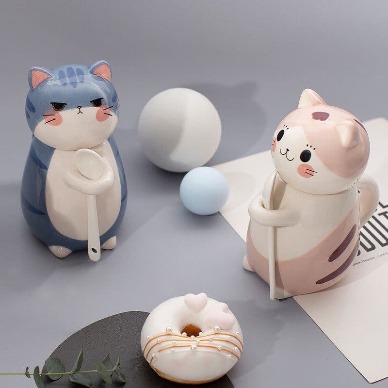 image-Couple cup Japanese cartoon cute cat ceramic cup breakfast milk coffee cup ins mug with lid