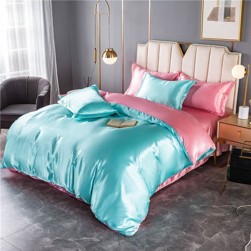 image-4-Piece Ice Silk Bedding Set - Pink Silver Gray