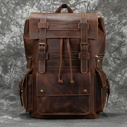 image-European and American Men's Retro Backpack Crazy Horse Leather Student School Bag Large Capacity Leather Travel Bag 16 Inch Computer Bag