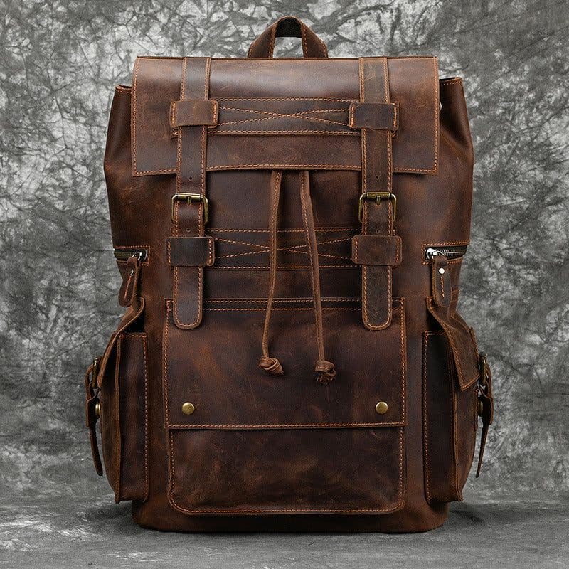 image-European and American Men's Retro Backpack Crazy Horse Leather Student School Bag Large Capacity Leather Travel Bag 16 Inch Computer Bag