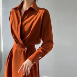 image-Polyester Midi Dress - Orange Long Sleeve POLO Collar
