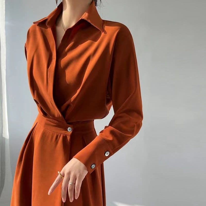 image-Polyester Midi Dress - Orange Long Sleeve POLO Collar