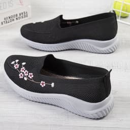 image-Women's Embroidered Sports Shoes - Lightweight, Pink/Black/Gray, Flat Heel