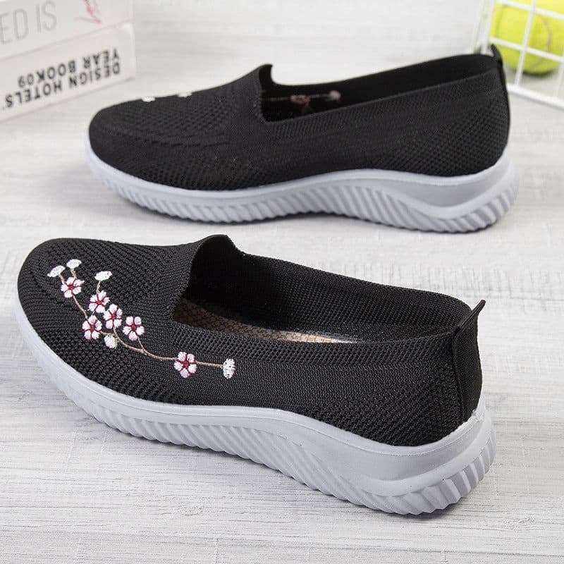 image-Women's Embroidered Sports Shoes - Lightweight, Pink/Black/Gray, Flat Heel