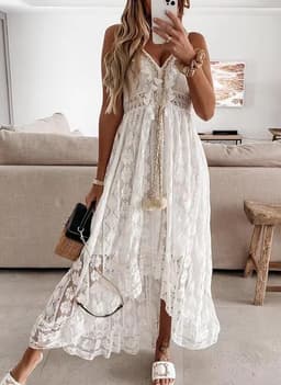 image-Lace Suspender Midi Dress - Apricot V Neck XXL
