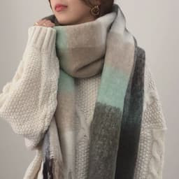 image-Plaid Knit Scarf - Blue Rose White 240x35cm Warm
