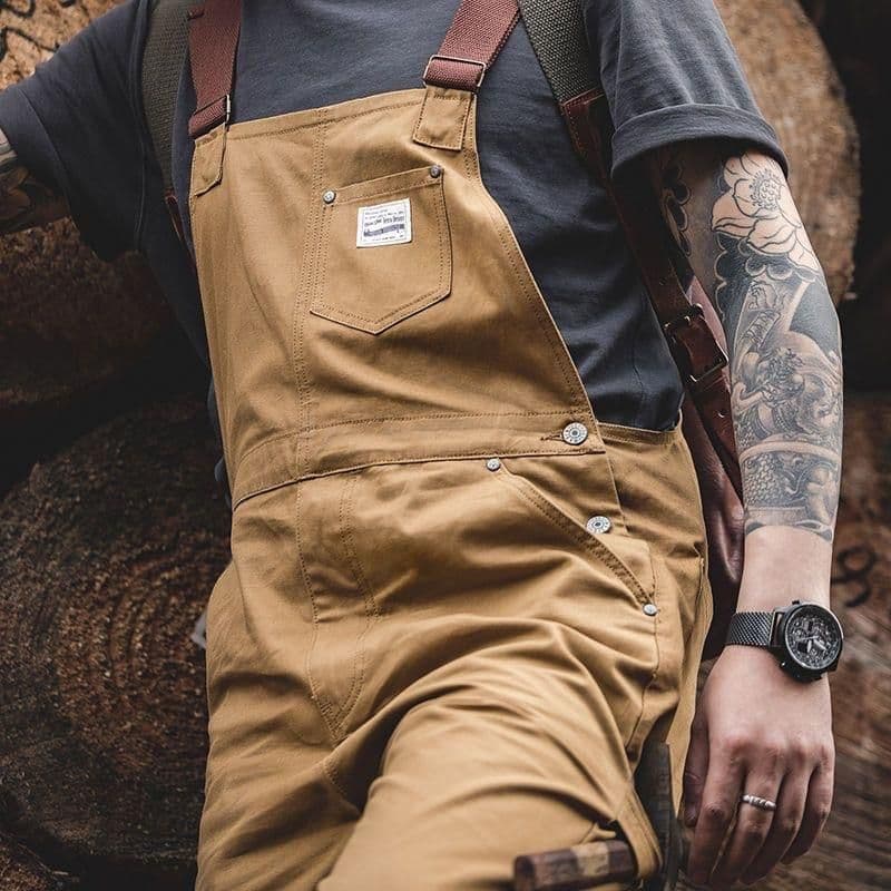 image-Fan Siyuan Retro Khaki Overalls - Men's Straight Pocket Workwear, XXL