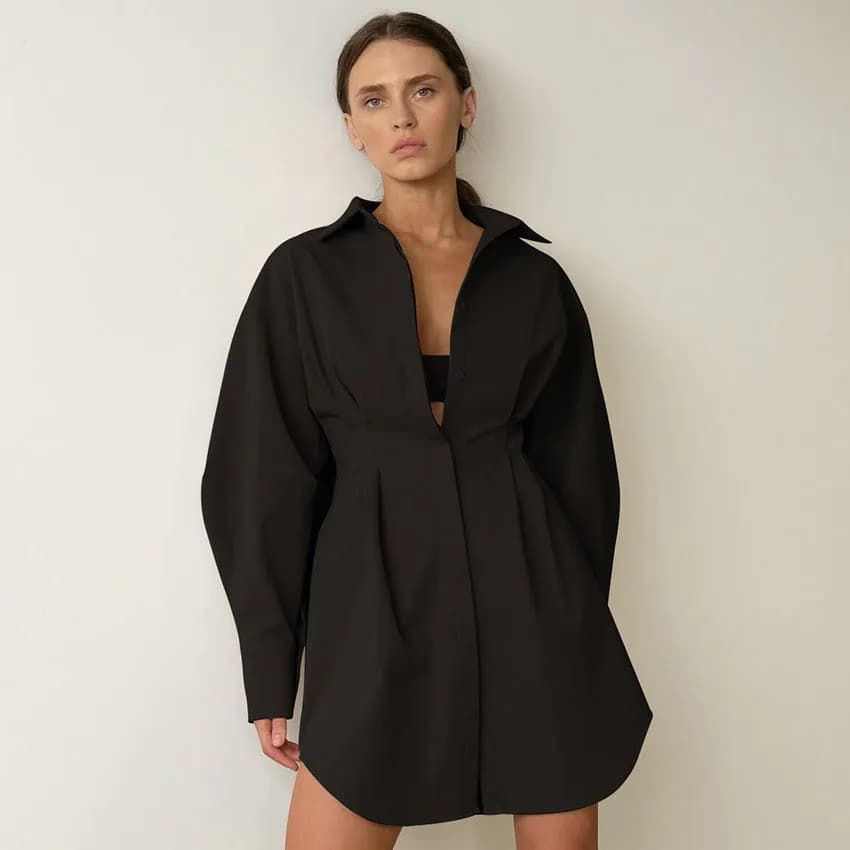 image-Women's 2023 Spring French Shirt Skirt Dress - Long Sleeve Slim Retro