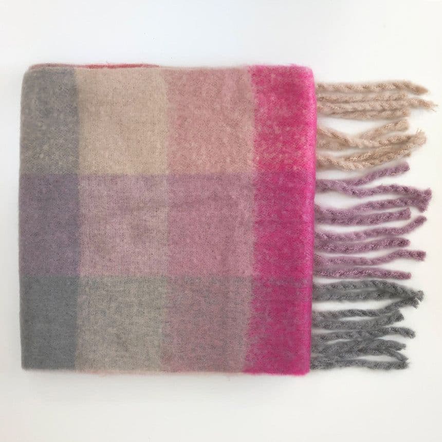 image-Plaid Knit Scarf - Blue Rose White 240x35cm Warm