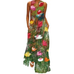 image-Bohemian V-Neck Printed Maxi Dress - Sleeveless A-Line