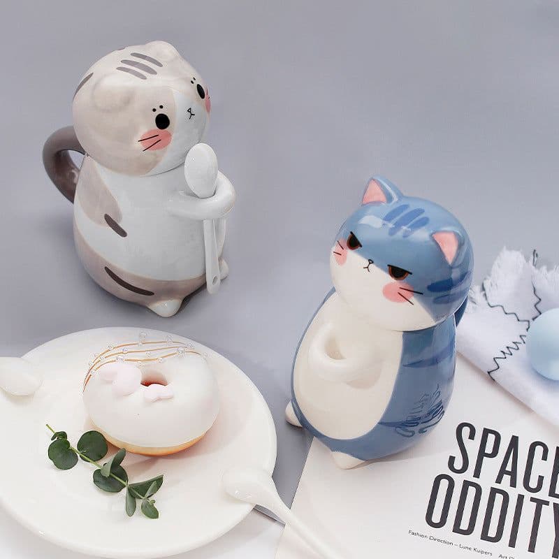 image-Couple cup Japanese cartoon cute cat ceramic cup breakfast milk coffee cup ins mug with lid