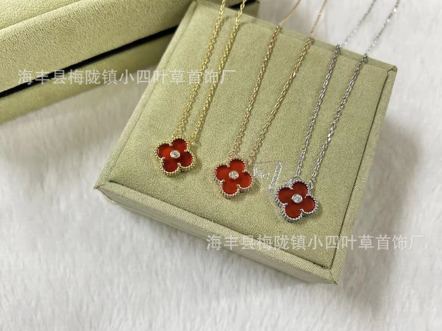image-v gold 925 silver Fanjia four-leaf clover necklace high version women's thick plated 18k single flower pendant natural fritillary chalcedony