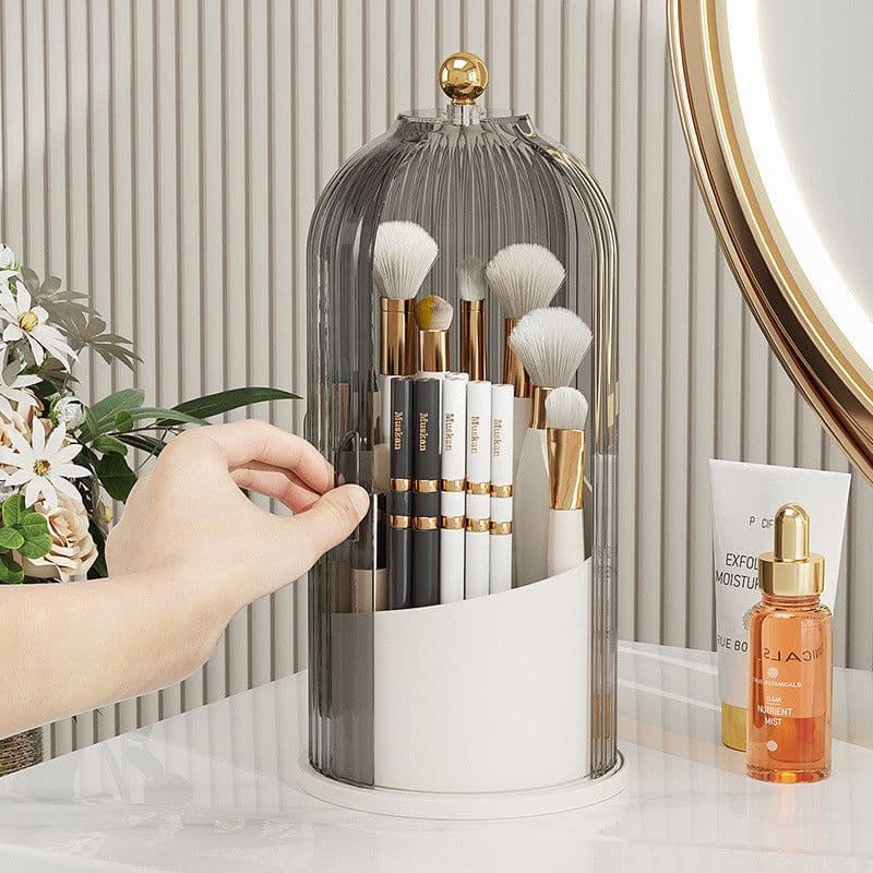 image-Light luxury bird cage lid cosmetic storage box desktop rotatable compartment storage tube transparent dustproof makeup box with cover