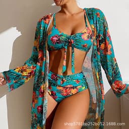image-Women's 3-Piece Bikini Set - Green Long Sleeve Cover-Up