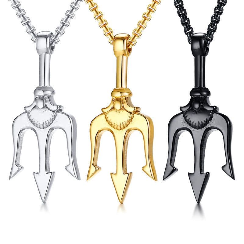 image-Stainless Steel Trident Pendant Men's Necklace Gold 60cm Titanium Steel Jewelry