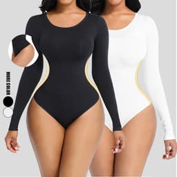 image-Women's Seamless Shapewear Bodysuit - White Long Sleeve