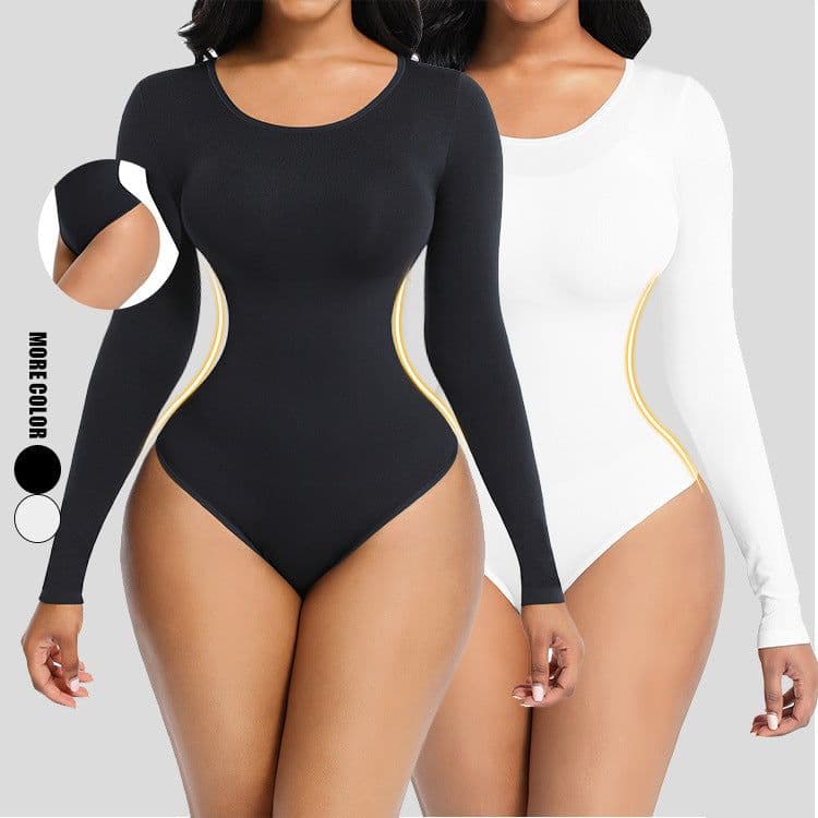 image-Women's Seamless Shapewear Bodysuit - White Long Sleeve