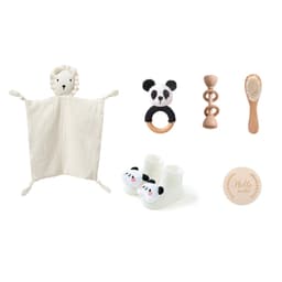 image-Newborn Infant Bath Towel Rattle Gift Set - Wooden Crochet Rattle