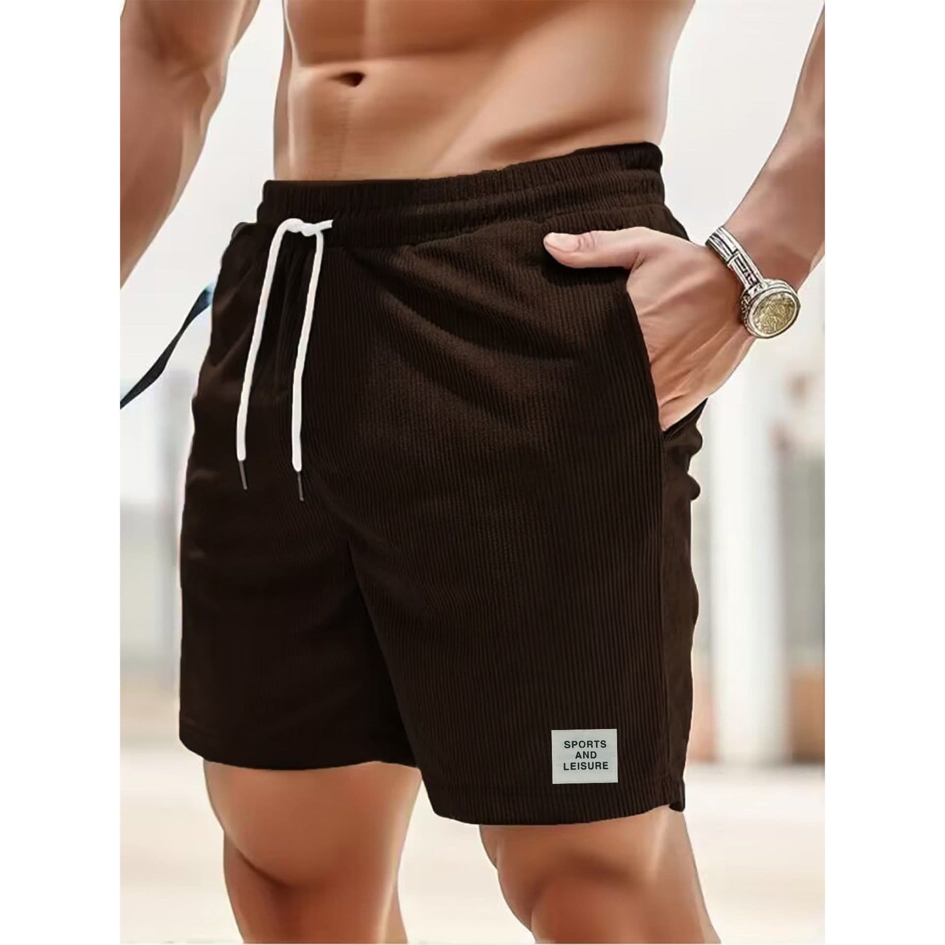 image-Men's Corduroy Shorts Blue Lace-Up Sports