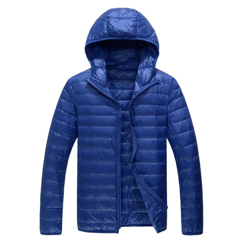image-Men's Down Jacket - Light Grey Stand Collar Hooded
