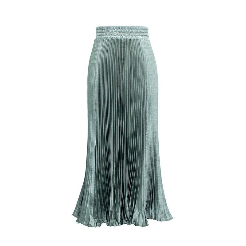 image-European Satin Metallic Pleated Skirt - Long, Elegant, One Size