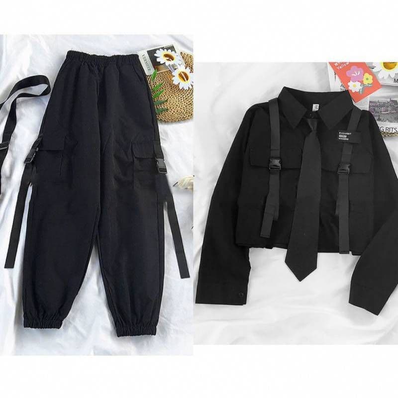 image-Korean Style Female Student Summer Suit - Black XL Urban Commuting Two-Piece Set