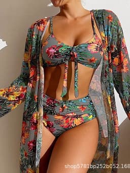 image-Women's 3-Piece Bikini Set - Green Long Sleeve Cover-Up