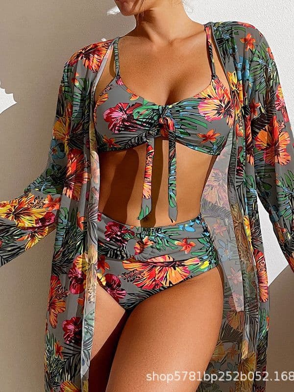 image-Women's 3-Piece Bikini Set - Green Long Sleeve Cover-Up