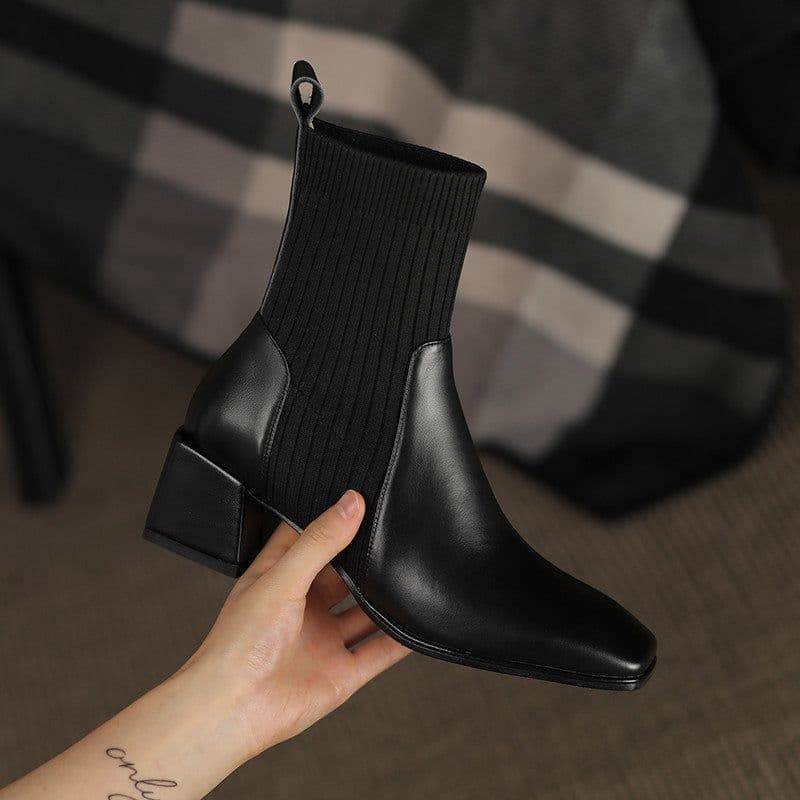 image-Women's Knitted Sock Boots - Square Toe Chunky Heel Ankle