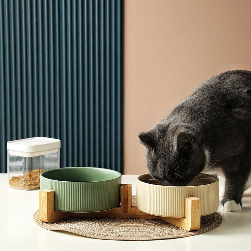 image-Hangyi Ceramics Double Bowl Pet Dish - Wooden Frame, Anti-Knock - 24 Pack