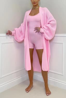 image-Women's Cardigan Sweater - Deep Pink Lantern Sleeve