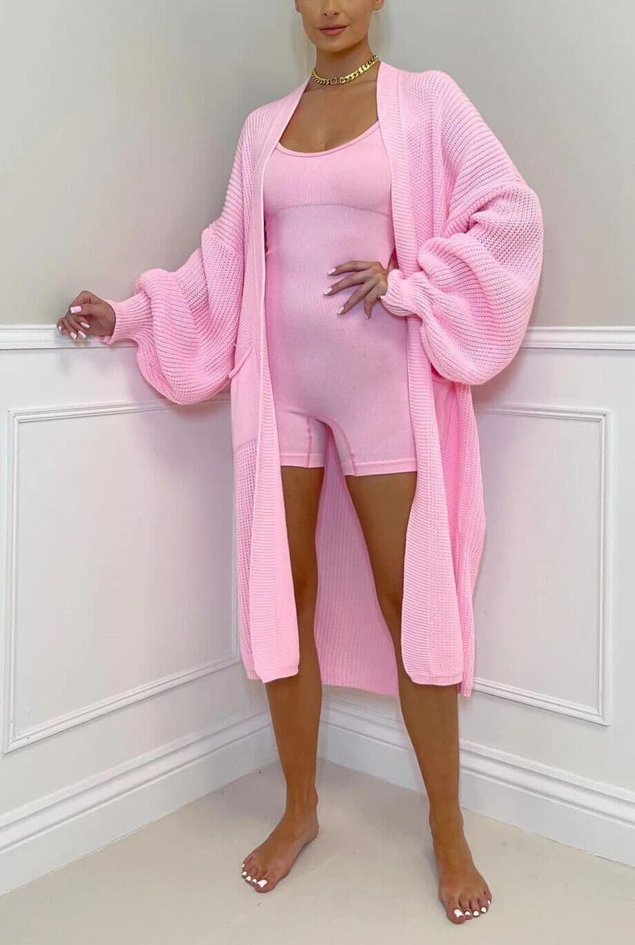 image-Women's Cardigan Sweater - Deep Pink Lantern Sleeve
