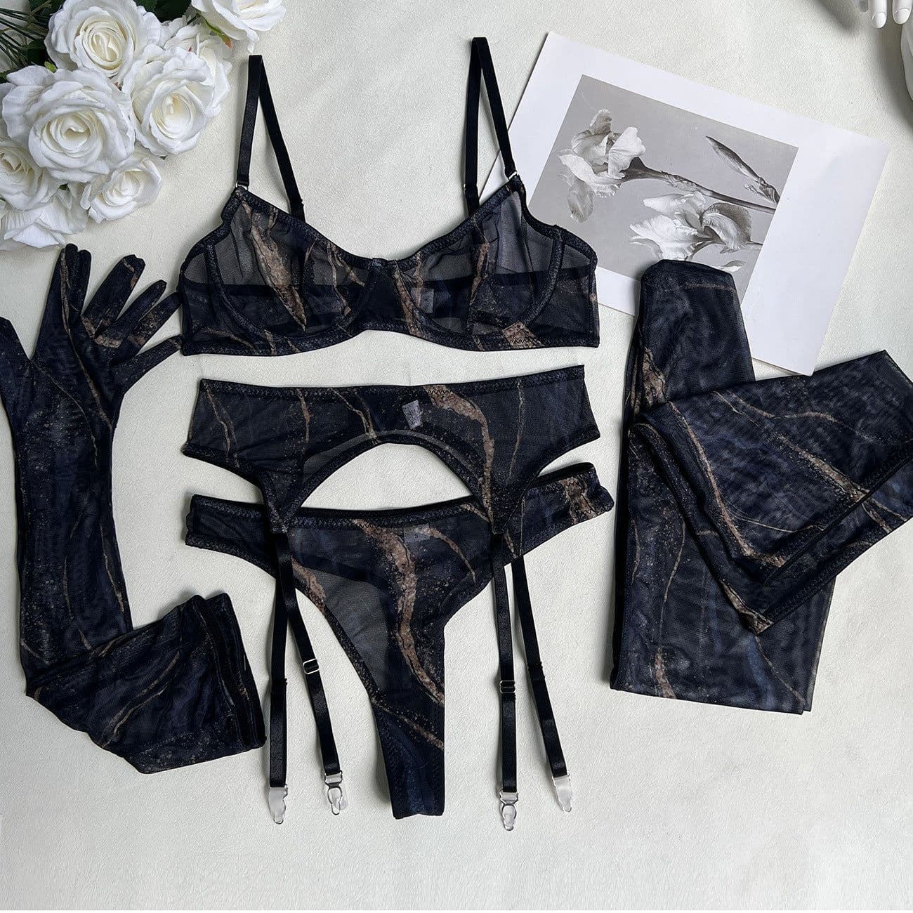 image-Sexy Lingerie 5-Piece Set - Leopard Print Polyester - L Size