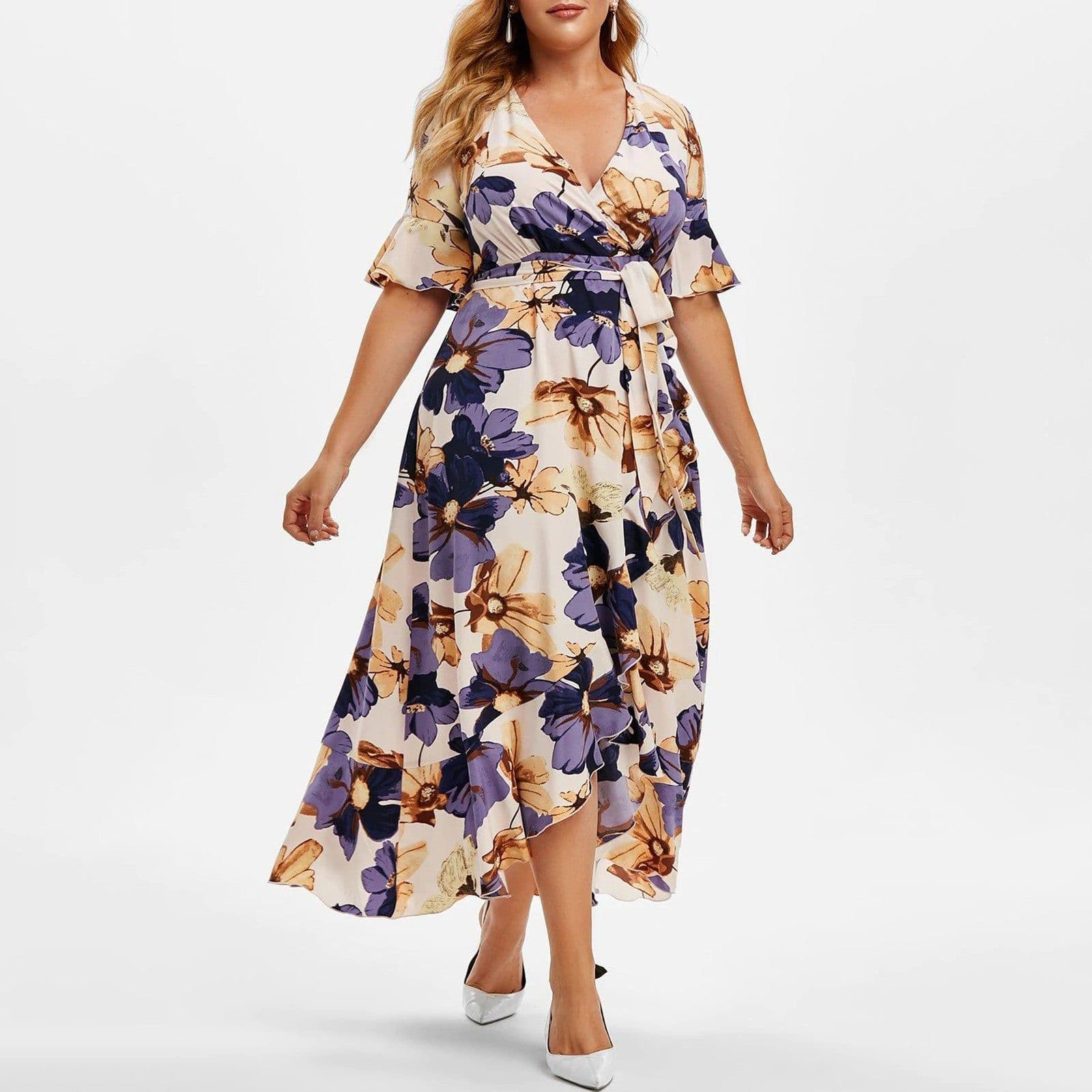 image-Women's Bohemian Print Midi Dress - Large V-Neck
