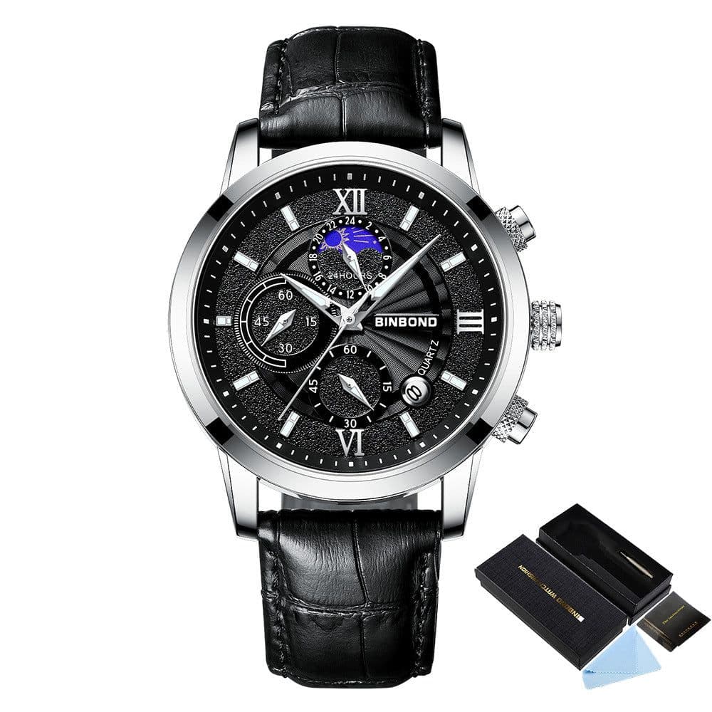 image-BINBOND B6187 Quartz Chronograph Watch - Black 42mm