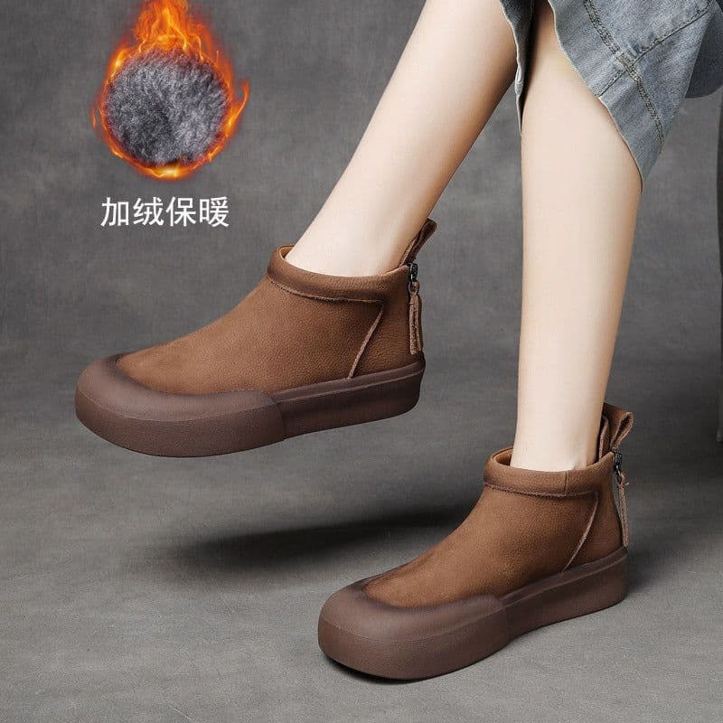 image-Shu Genuine Leather Women's Ankle Boots - Double Zipper Retro Design, Thick Sole, Khaki Brown