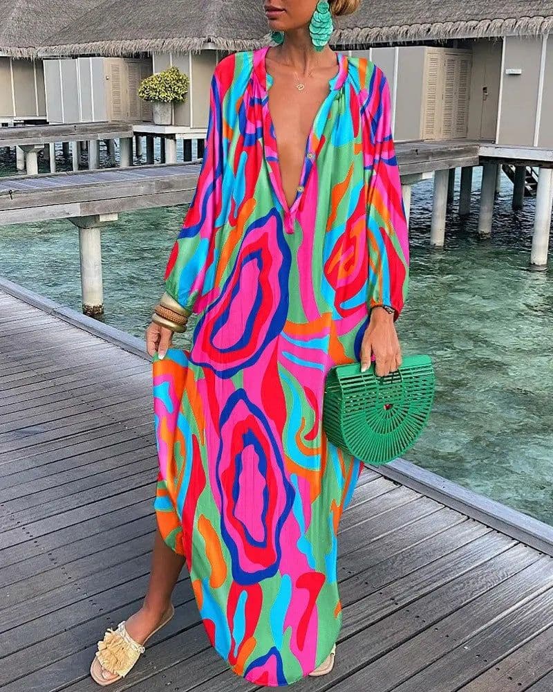 image-Autumn V-Neck Long-Sleeved Dress Women's XXL Polyester