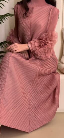 image-Royal Blue Pleated Long Dress - Polyester Loose Fit