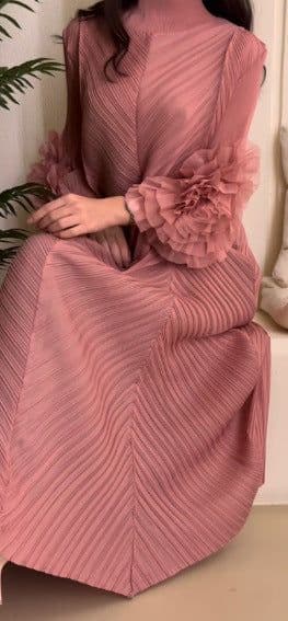 image-Royal Blue Pleated Long Dress - Polyester Loose Fit